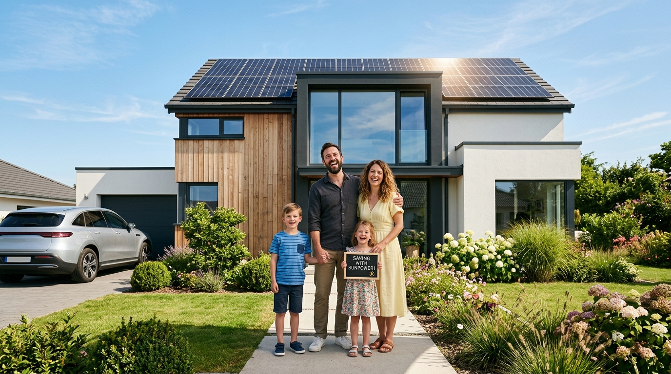 Happy family after solar installation